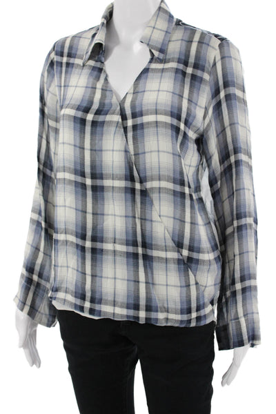 Single Womens Blue Floral Plaid Rayon V Neck Long Sleeve Blouse Size XS