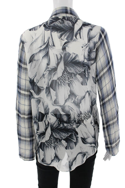 Single Womens Blue Floral Plaid Rayon V Neck Long Sleeve Blouse Size XS