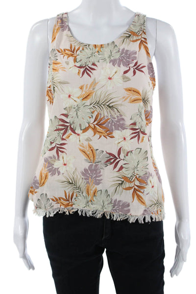 Drew Women Beige Floral Zip Tank Sleeveless 80% Viscose 20% Linen Size S
