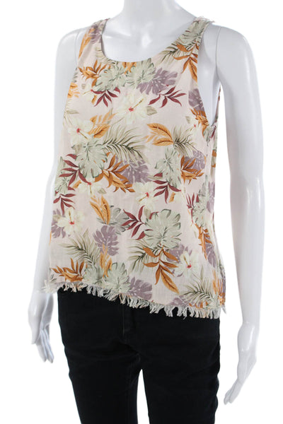 Drew Women Beige Floral Zip Tank Sleeveless 80% Viscose 20% Linen Size S