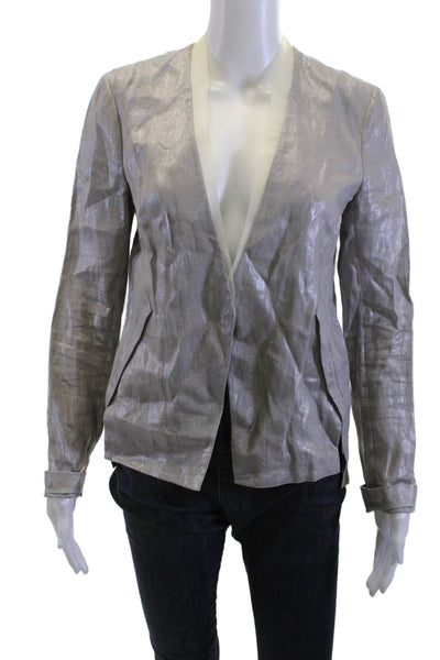 Elie Tahari Womens Gray Linen V-Neck Long Sleeve Blazer Size 4