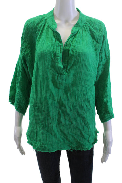 9 Seed Women Tunic Blouse Green Cotton 3/4 Sleeve Solid Spring Petite Size S