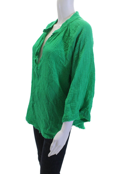 9 Seed Women Tunic Blouse Green Cotton 3/4 Sleeve Solid Spring Petite Size S