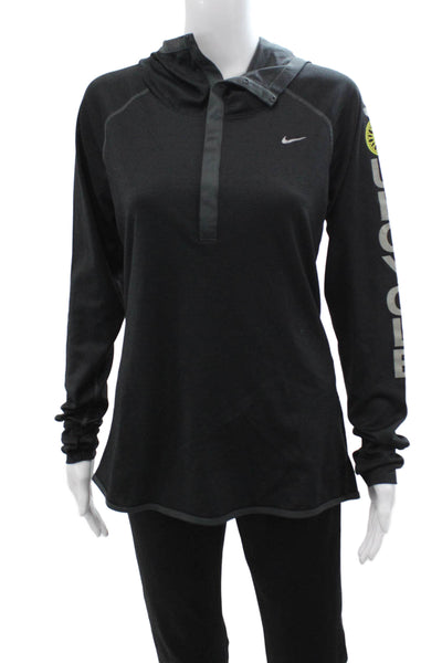 Nike Women Henley Hoodie Black Graphic Long Sleeve High Neck Snap Size L