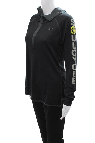 Nike Women Henley Hoodie Black Graphic Long Sleeve High Neck Snap Size L