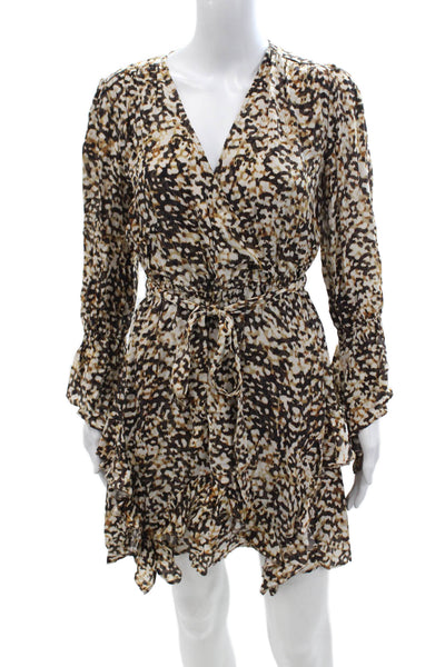 Love Sam Women Wrap Mini Dress Beige Animal Print V-Neck Long Sleeve Size S