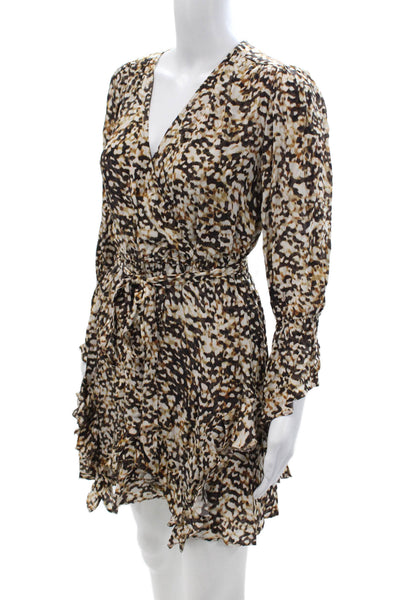 Love Sam Women Wrap Mini Dress Beige Animal Print V-Neck Long Sleeve Size S