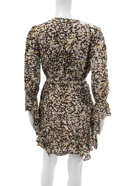 Love Sam Women Wrap Mini Dress Beige Animal Print V-Neck Long Sleeve Size S