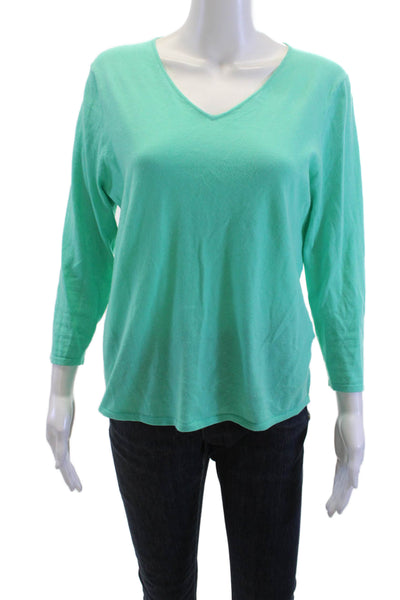 Estheme Cachemire Women V-Neck 3/4 Sleeve Green Cashmere T-Shirt Size L
