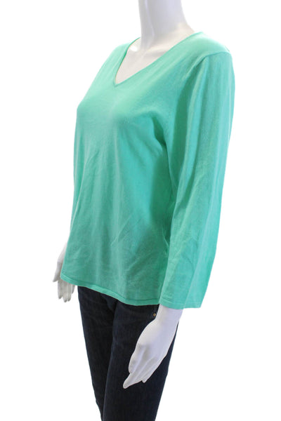 Estheme Cachemire Women V-Neck 3/4 Sleeve Green Cashmere T-Shirt Size L