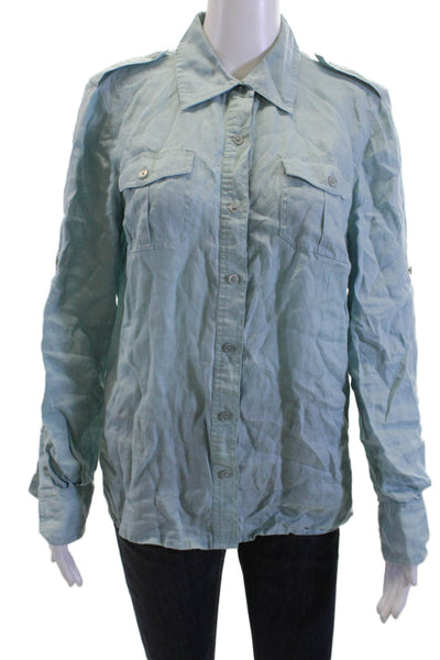 Tory Burch Womens Light Blue Linen Collared Button Up Top Long Sleeve Size 10