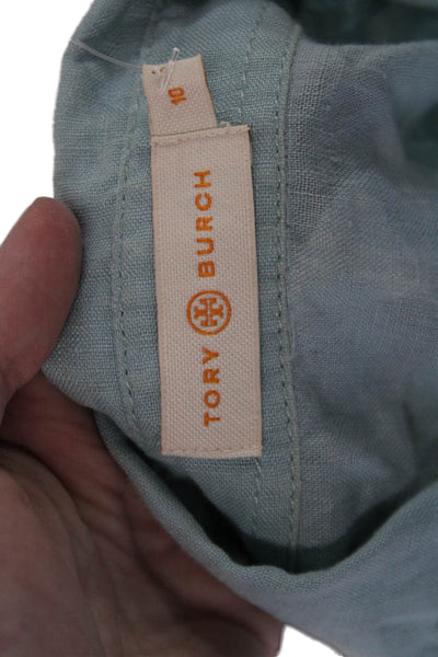 Tory Burch Womens Light Blue Linen Collared Button Up Top Long Sleeve Size 10