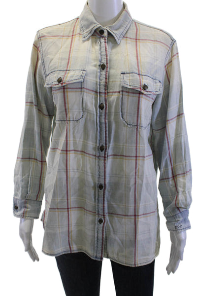 Current/Elliott Womens Beige Plaid Long Sleeve Cotton Button-Up Top Size 2