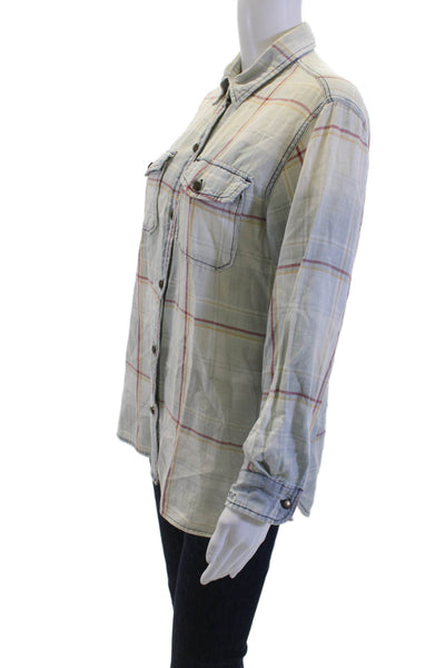 Current/Elliott Womens Beige Plaid Long Sleeve Cotton Button-Up Top Size 2