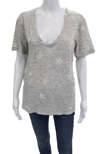 Splendid Women Gray V-Neck Jersey T-Shirt Stars Cotton Short Sleeve Size S