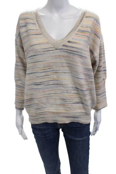 Sundays Unisex Beige Bohemian V-Neck Striped Pullover Sweater 3/4 Sleeve Size M