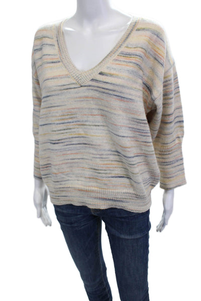 Sundays Unisex Beige Bohemian V-Neck Striped Pullover Sweater 3/4 Sleeve Size M