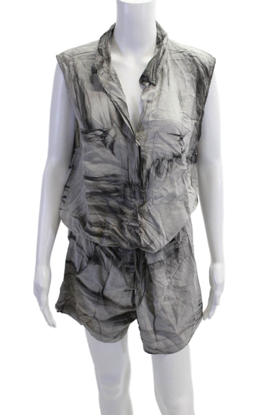 Enza Costa Women Collared Abstract Rayon Sleeveless Jumpsuit Romper Gray Size 2