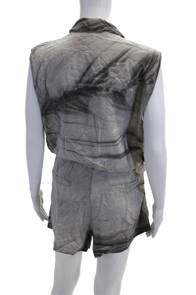 Enza Costa Women Collared Abstract Rayon Sleeveless Jumpsuit Romper Gray Size 2