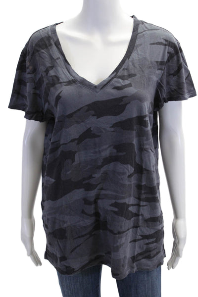 Splendid Women Basic V-Neck Camouflage T-Shirt Dark Gray 100% Cotton Size L