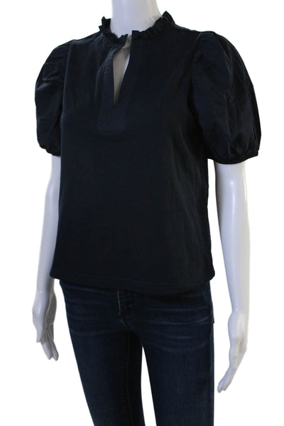 Sundays Womens Black High Neck Short Sleeve Blouse Cotton Blend Size XS
