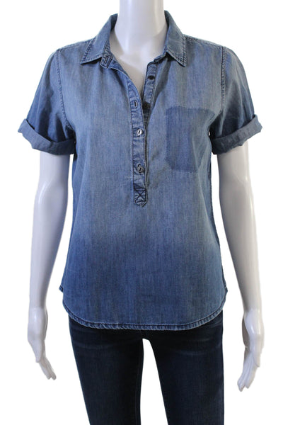 Current/Elliott Women Basic Button-Up Blue Cotton Collared Short Sleeve Size 1