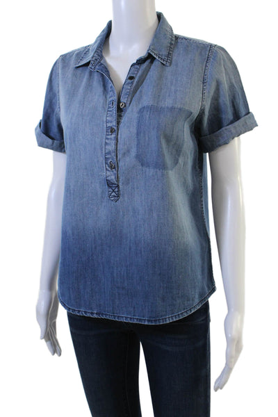 Current/Elliott Women Basic Button-Up Blue Cotton Collared Short Sleeve Size 1