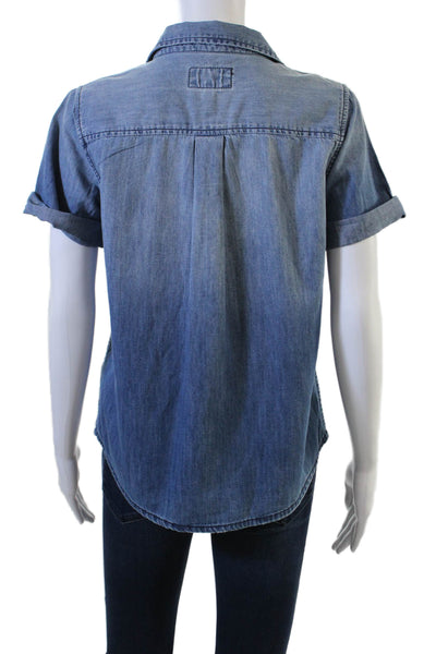 Current/Elliott Women Basic Button-Up Blue Cotton Collared Short Sleeve Size 1