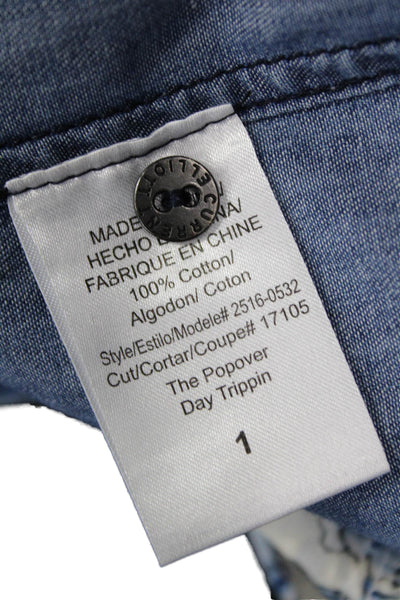 Current/Elliott Women Basic Button-Up Blue Cotton Collared Short Sleeve Size 1