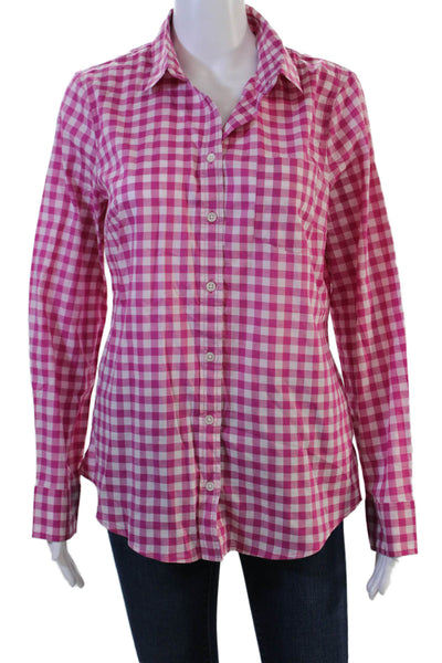 J Crew Women Pink Check Collared Button-Up Cotton Long Sleeve Size M
