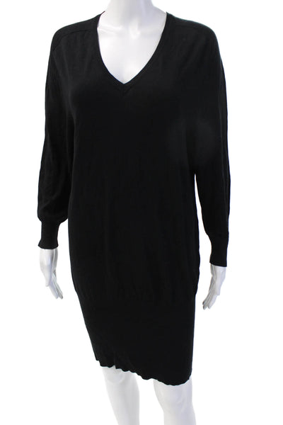 BCBGMAXAZRIA Women Sweater Dress Black V Neck Silk Cotton Long Sleeve Size M