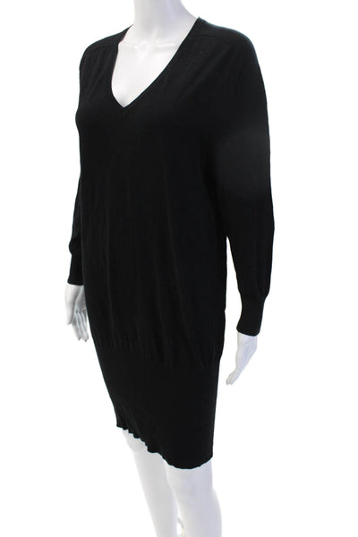 BCBGMAXAZRIA Women Sweater Dress Black V Neck Silk Cotton Long Sleeve Size M