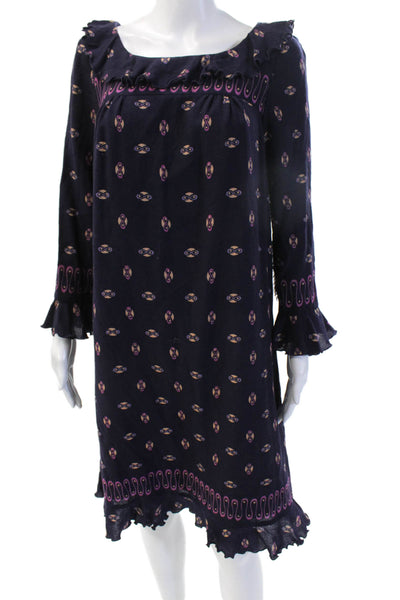 Anna Sui Women Dark Blue Wool Square Neck Long Sleeve Shift Dress Size 6