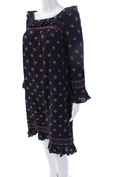 Anna Sui Women Dark Blue Wool Square Neck Long Sleeve Shift Dress Size 6