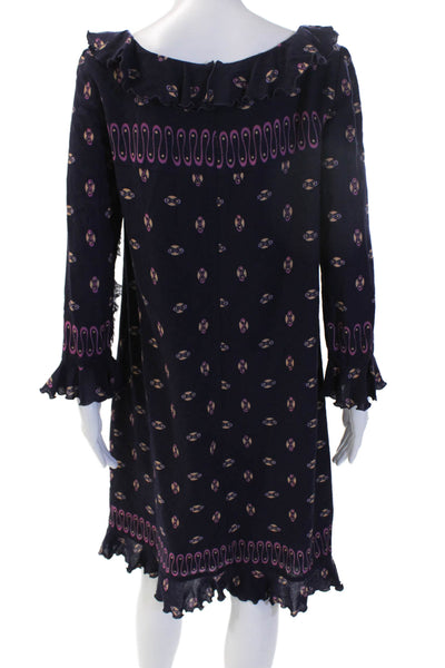 Anna Sui Women Dark Blue Wool Square Neck Long Sleeve Shift Dress Size 6