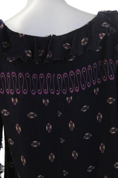 Anna Sui Women Dark Blue Wool Square Neck Long Sleeve Shift Dress Size 6