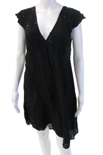 Cool Change Womens Bohemian Shift Dress Black V-Neck Short Sleeve Size L