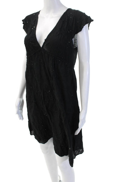Cool Change Womens Bohemian Shift Dress Black V-Neck Short Sleeve Size L