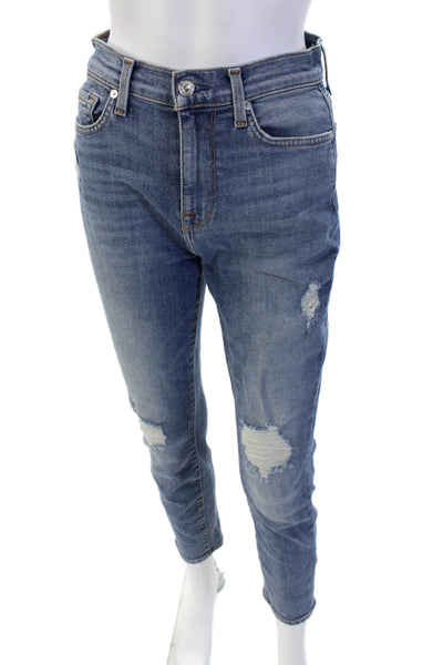 7 For All Mankind Women Ankle Cropped Mid Rise Blue Jeans Size 26