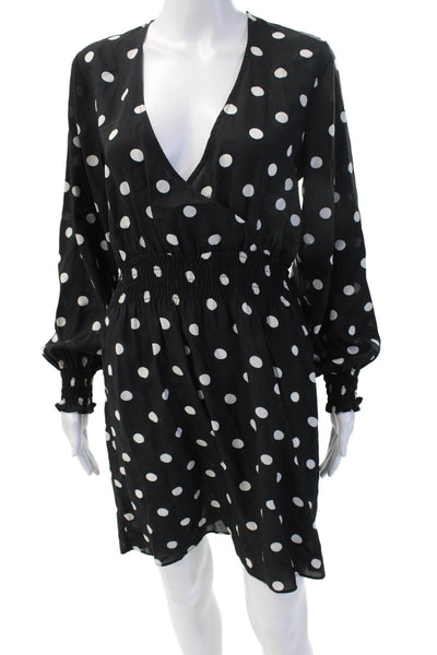 7 For All Mankind Women Wrap Mini Dress Black VNeck Long Sleeve PolkaDot Size S