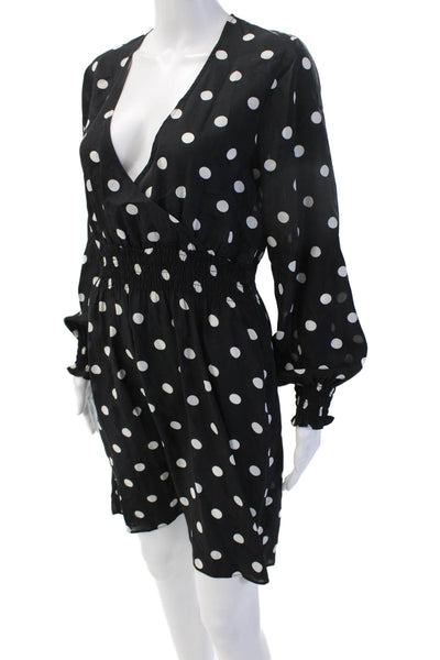 7 For All Mankind Women Wrap Mini Dress Black VNeck Long Sleeve PolkaDot Size S