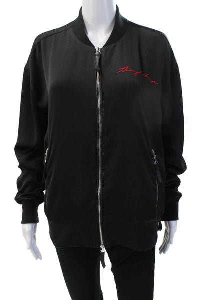 7 For All Mankind Womens Bomber Jacket Black Zip Long Sleeve Polyester Size XS