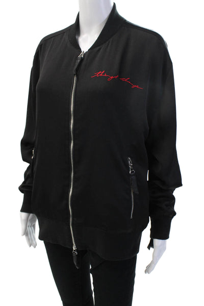 7 For All Mankind Womens Bomber Jacket Black Zip Long Sleeve Polyester Size XS