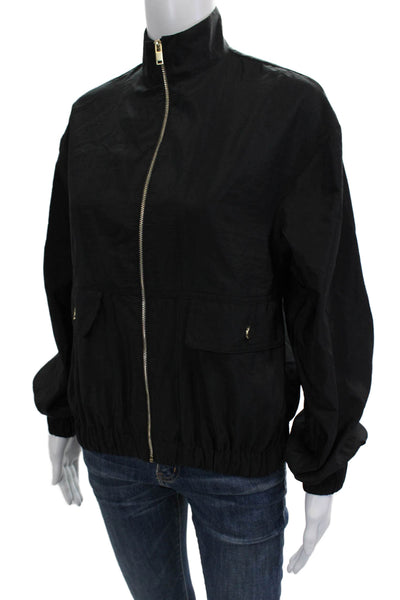 Zara Women Bomber Jacket Black Polyester Button High Neck Long Sleeve Size XS