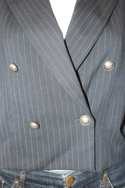 Aqua Womens Dark Blue Striped Collared Blazer Long Sleeve Size S