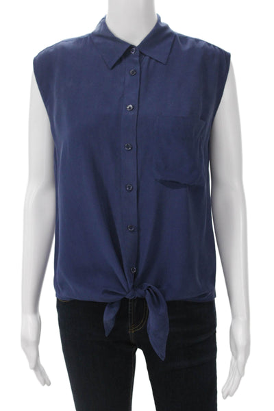 Equipment Femme Womens Silk Collared Button Up Blouse Blue Sleeveless Size S