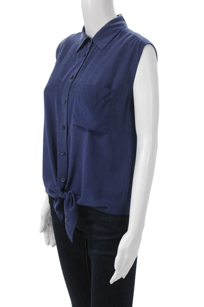 Equipment Femme Womens Silk Collared Button Up Blouse Blue Sleeveless Size S