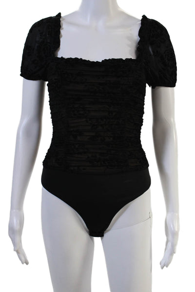 Majorelle Womens Bodysuit Black Floral Square Neck Short Sleeve Size XS
