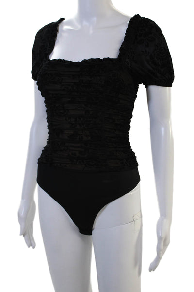 Majorelle Womens Bodysuit Black Floral Square Neck Short Sleeve Size XS