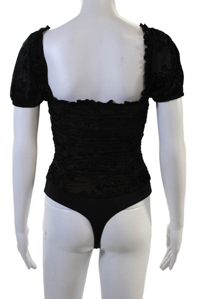 Majorelle Womens Bodysuit Black Floral Square Neck Short Sleeve Size XS
